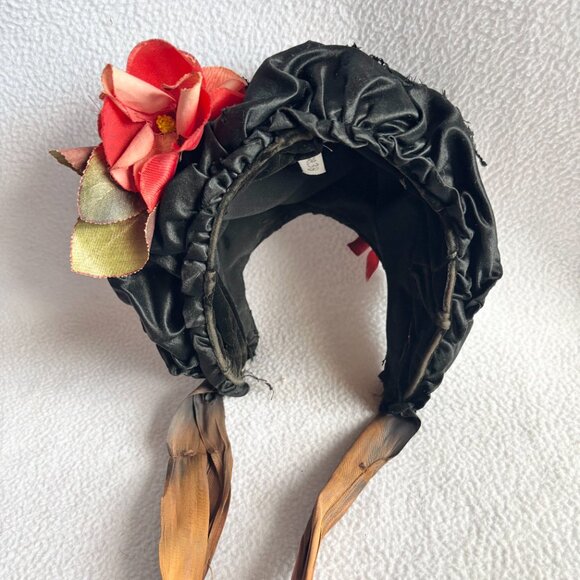 Antique Victorian Black Silk & Velvet Bonnet with Flower main image 7